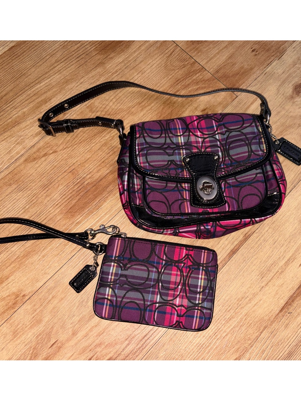 Coach Purple Plaid Signature Crossbody with Wristlet